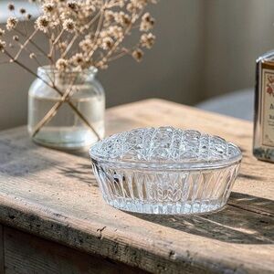 Vintage Cut Glass Oval Trinket Box with Lid, Vanity Jewelry Dish